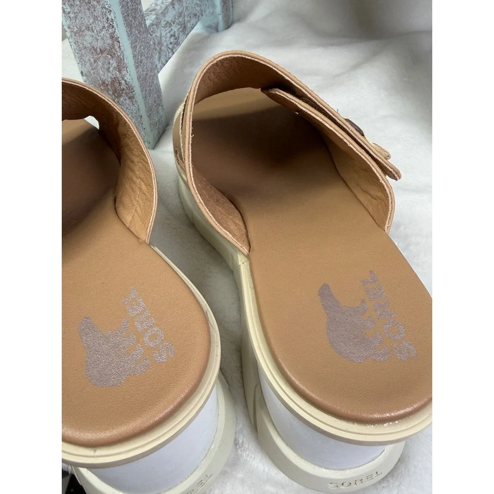 Sorel Womens Joanie III Wedge Slide Sandal Brown / Tan Leather Size 9.5‎